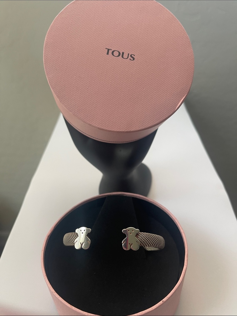 TOUS Silver Teddy Bear Cuff Bracelet Set - Pink Box
